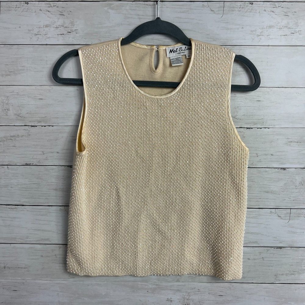 Vintage Mel & Lisa Merino Wool Cream Beaded Front Tank